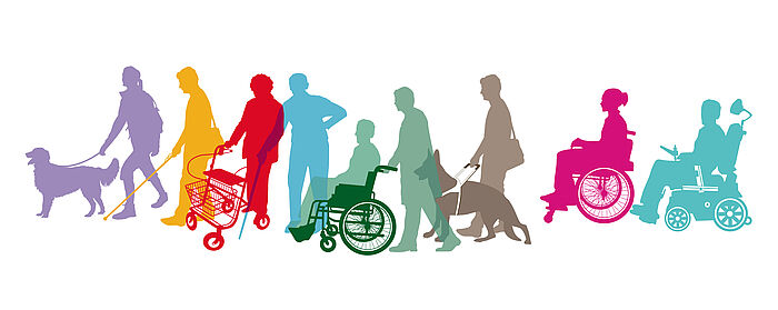 Bunte Darstellung von Personen mit Behinderungen (z.B. in Begleitung eines Blindenhundes, mit einer Gehhilfe oder im Rollstuhl)