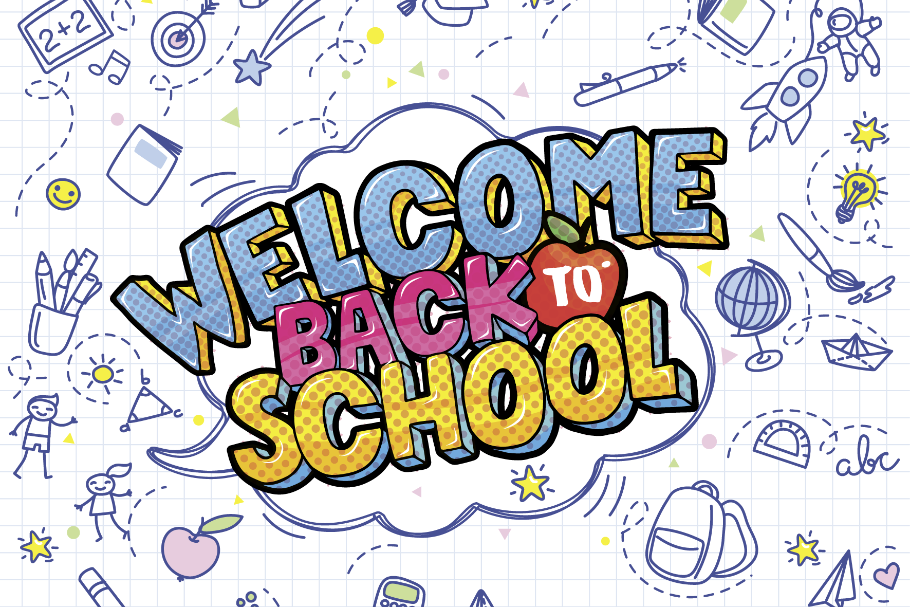 Text "Welcome Back to School" in buntem Comic-Stil, während der Bildhintergrund aus kariertem Papier besteht, worauf verschiedene Figuren, Symbole und Schulgegenstände gezeichnet sind.