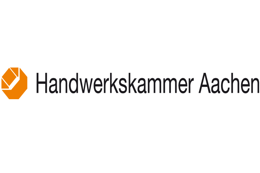 Handwerkskammer Aachen Logo, schwarzer Schriftzug und oranges Zeichen auf weißem Hintergrund
