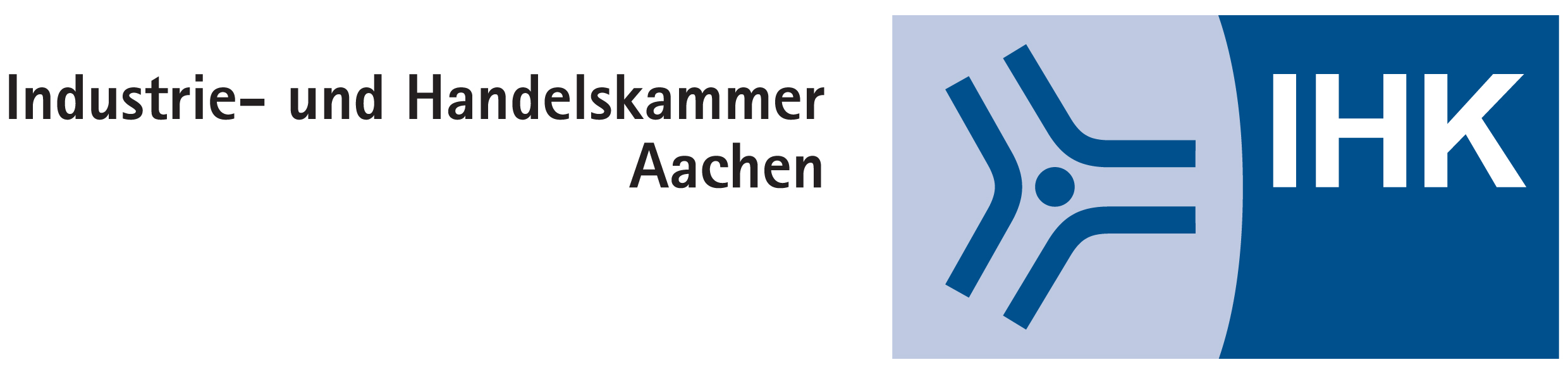 IHK Logo, schwarz-weißer Schriftzug mit blauen Zeichen auf weißem oder blauen Hintergrund