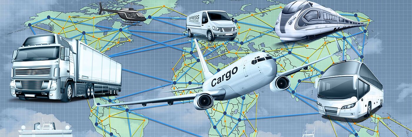 Im Hintergrund die Kontinente und im Vordergrund diverse Transportmittel von Flugzeug bis Zug