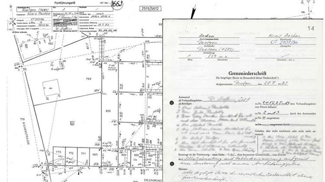 Muster typischer Dokumente im Rissarchiv: ein Vermessungsriss und eine Grenzniederschrift