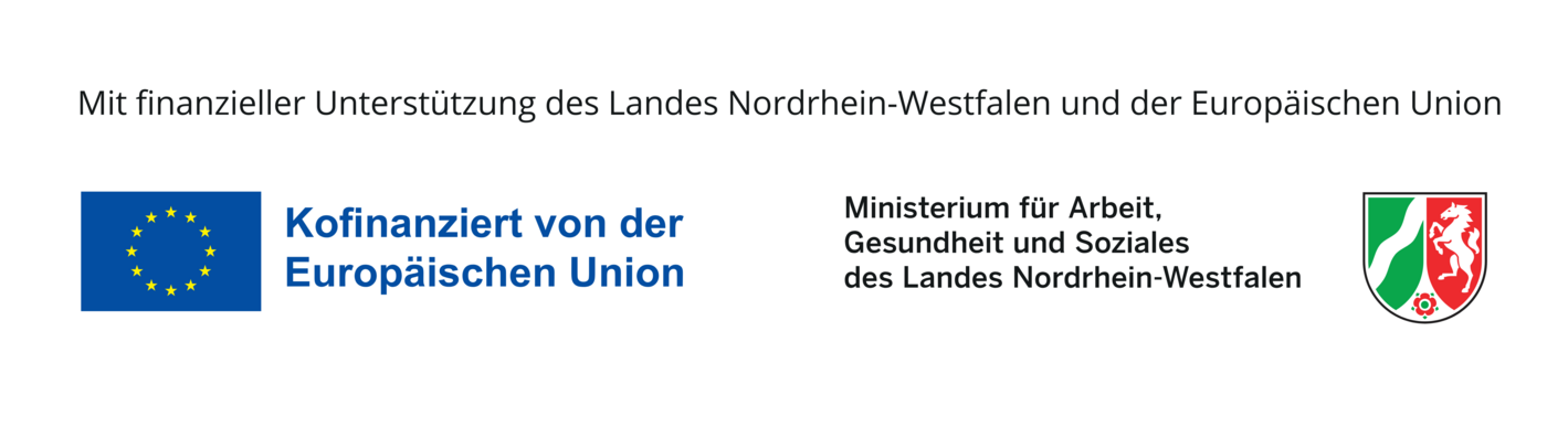 Links das Logo der Europäischen Union zur Kofinanzierung, rechts das Logo des Ministeriums für Arbeit, Gesundheit und Soziales des Landes Nordrhein-Westfalen