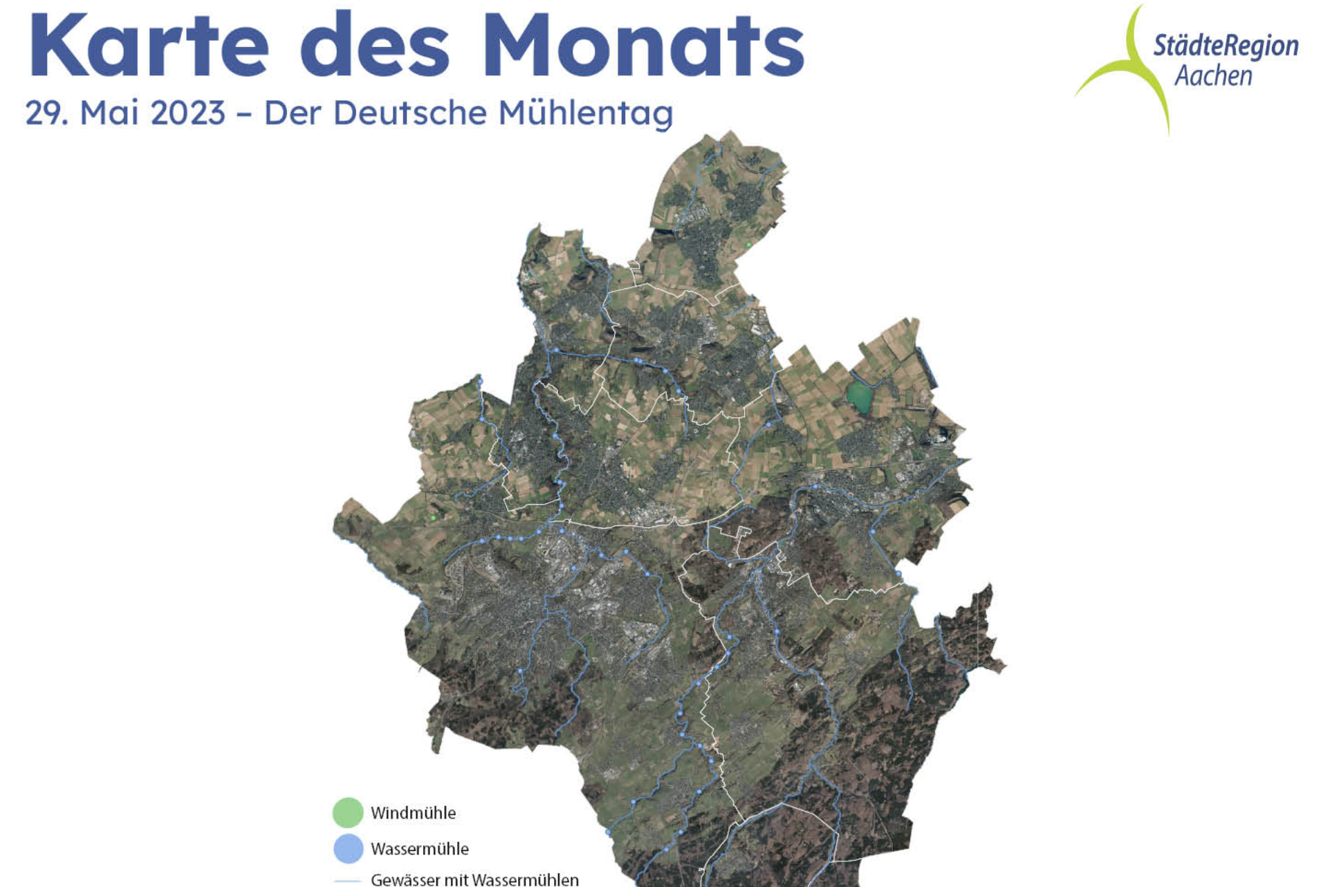 Städteregion Aachen mit den Standorten der Mühlen und als Hintergrund eine Luftbildaufnahme