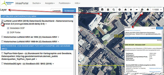Bildschirmkopie der Anwendung Geoportal zur Erläuterung der Möglichkeit, Luftbilder des Landes Nordrhein-Westfalen zu nutzen