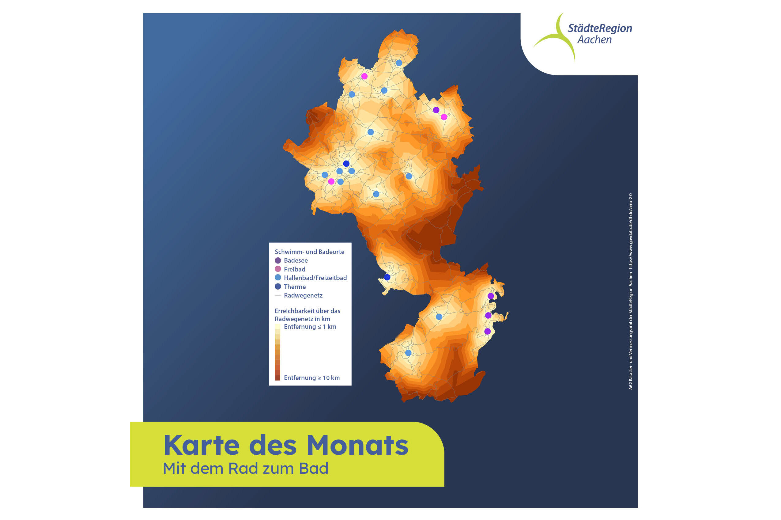 Karte mit Badeorten in der Städteregion Aachen einschließlich einer farblich abgestufen Darstellung der Erreichbarkeit über das regionale Radwegenetz.