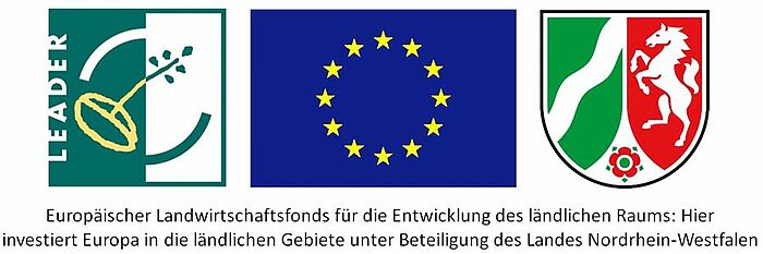 3 Logos nebeneinander: Leader-Logo, Europa-Flagge, Wappen des Landes NRW
