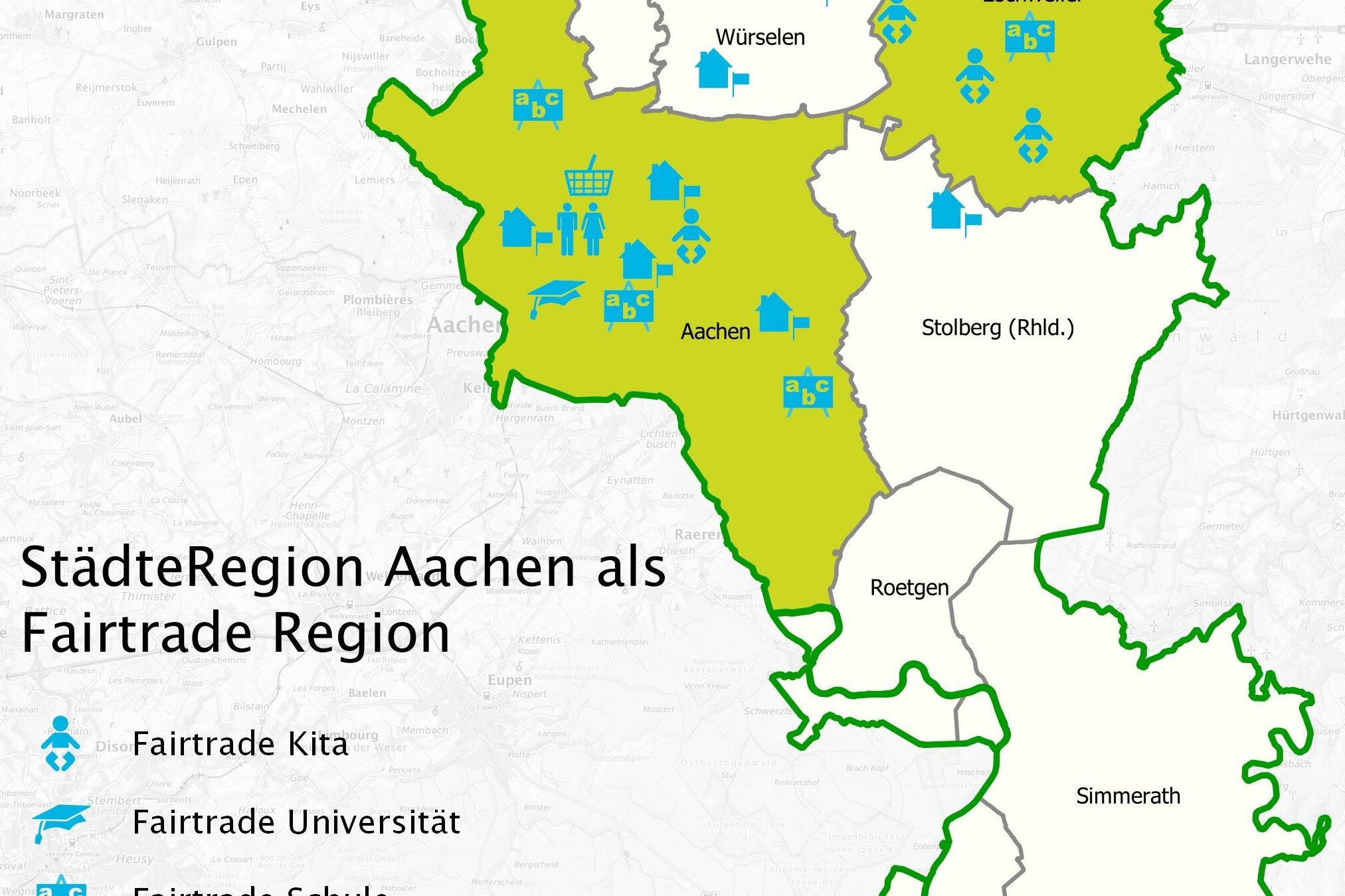 Übersichtskarte verschiedener Fairtrade Einrichtungen in der StädteRegion Aachen