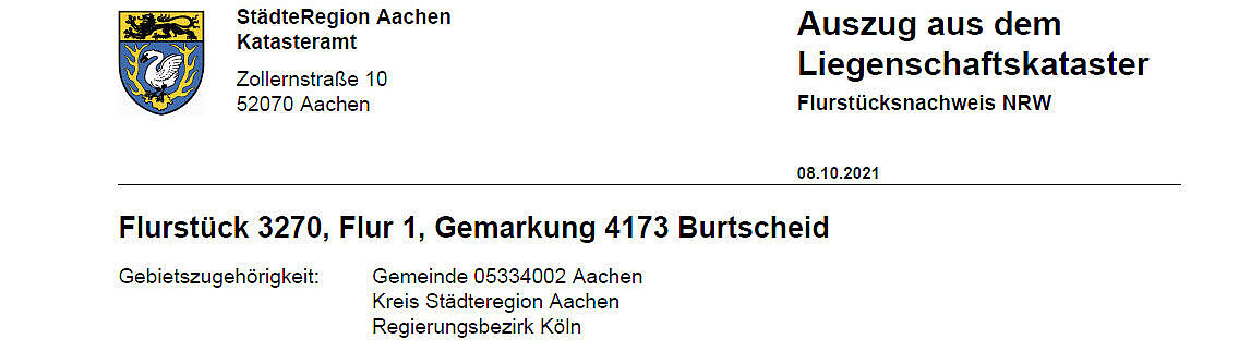 Beispiel eines Auszugs aus dem Liegenschaftskataster als Flurstücksnachweis