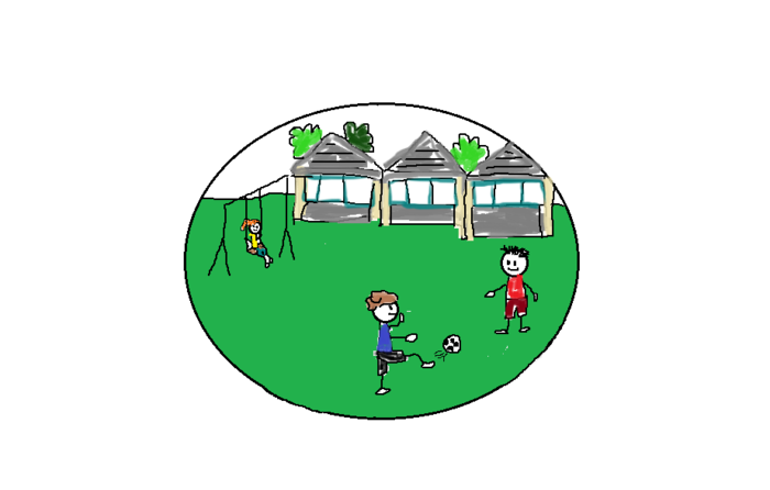 Zeichnung: Dargestellt sind Kinder auf der Wiese des Schullandheims Paustenbach. Zwei Kinder spielen Fußball, ein Kind schaukelt.