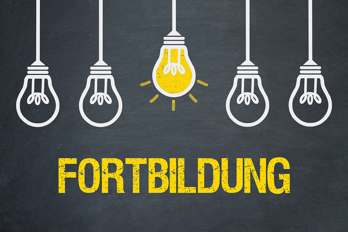 Grafik mit 5 Glühbirnen, eine als leuchtend dargestellt , darunter steht das Wort Fortbildung