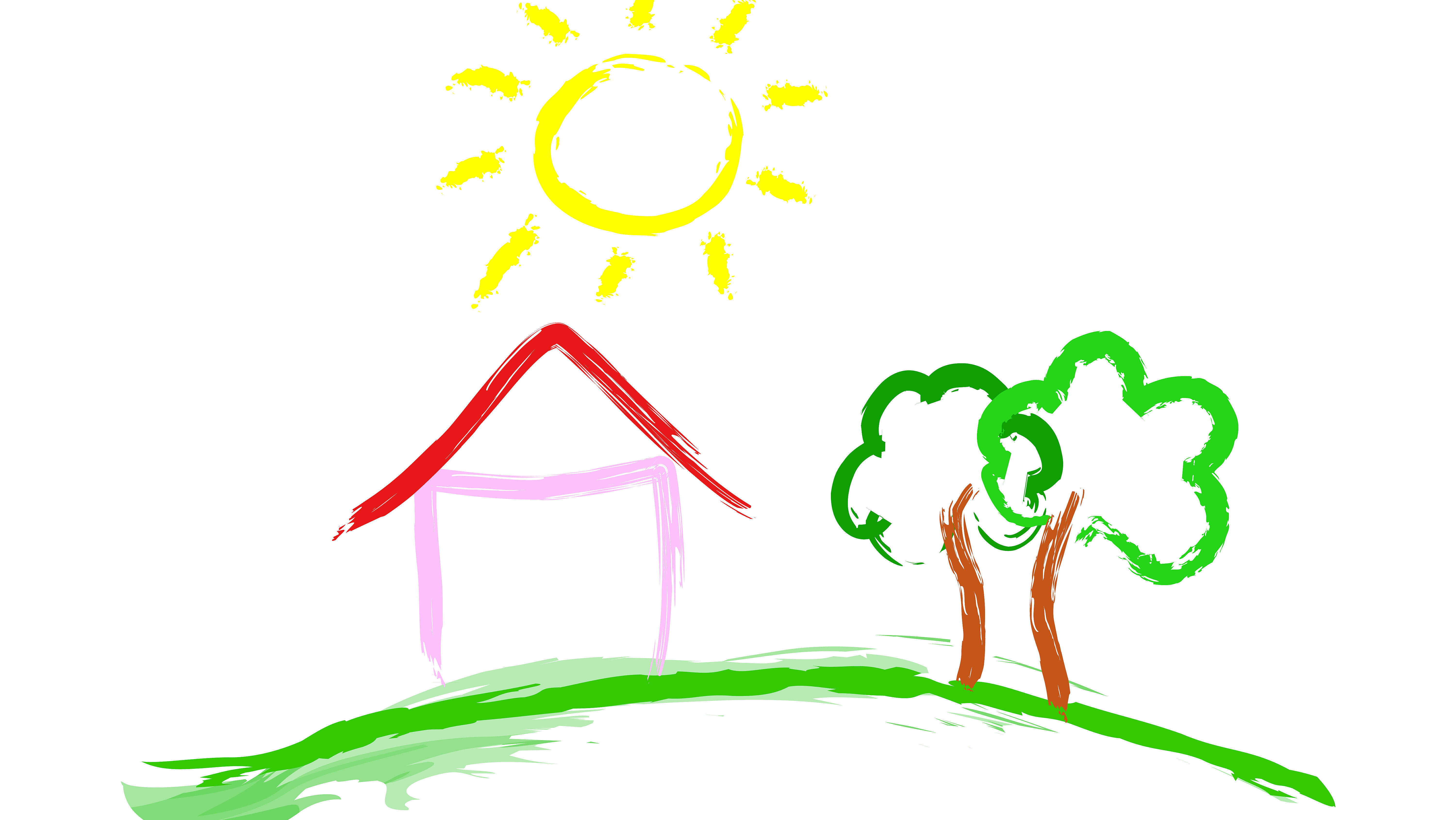 Gemaltes Kinderbild Haus Bäume Sonne 