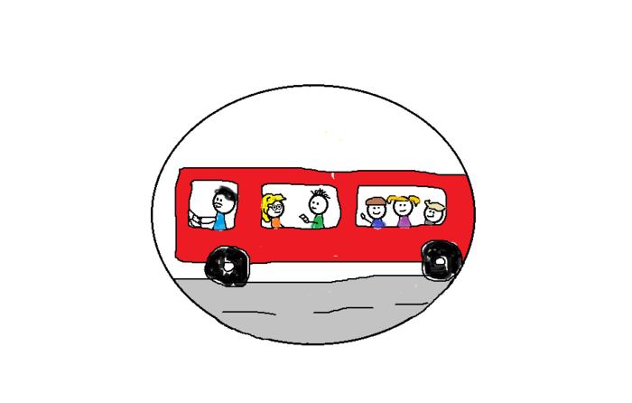 Zeichnung: Ein Schulbus mit Kindern, die aus den Fenstern gucken, ist dargestellt.