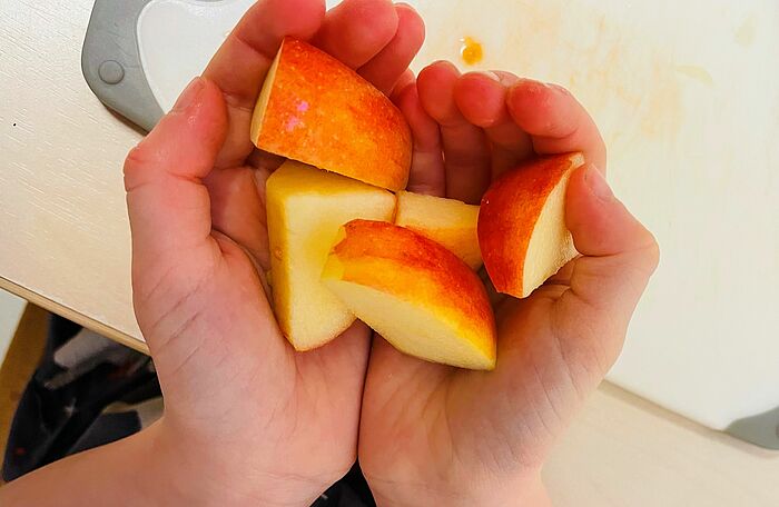 zwei Kinderhände halten eine Portion Apfelschnitze