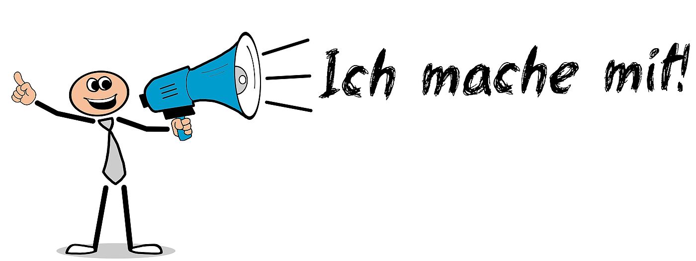 Strichmännchen mit Megaphon und Schriftzug "ich mache mit!!