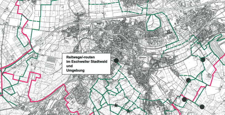 Ein Kartenauschnitt einer Reitwegekarte im Eschweiler Stadtwald und Umgebung