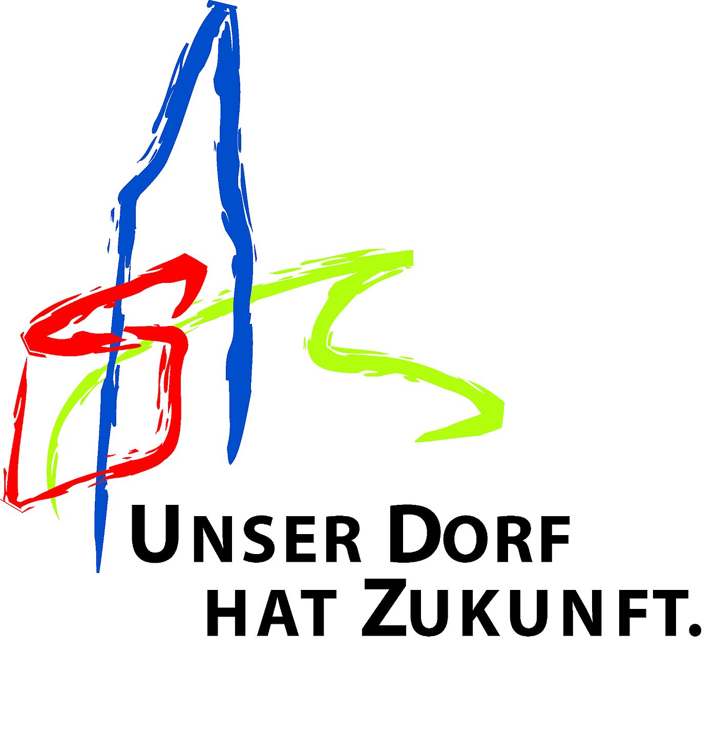 Dorfsilhouette in rot, blau und grün