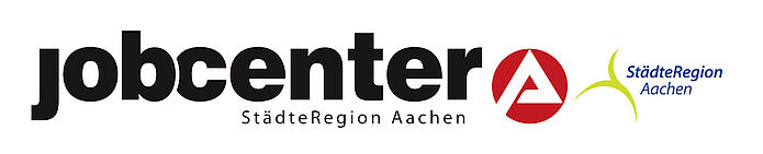 Links groß dargestellt der Text Jobcenter, darunter in klein der Text StädteRegion Aachen. Rechts daneben das Symbol der Bundesagentur für Arbeit (stilisiertes weißes A im roten Kreis) und weiter rechts daneben das Logo der StädteRegion Aachen
