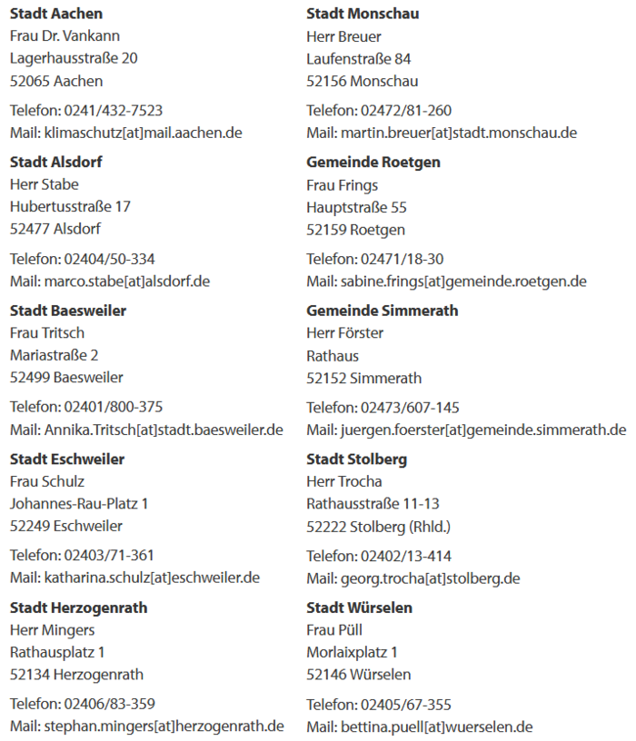 Kontaktdaten der kommunalen Klimaschu-Ansprechpartner in der StädteRegion Aachen