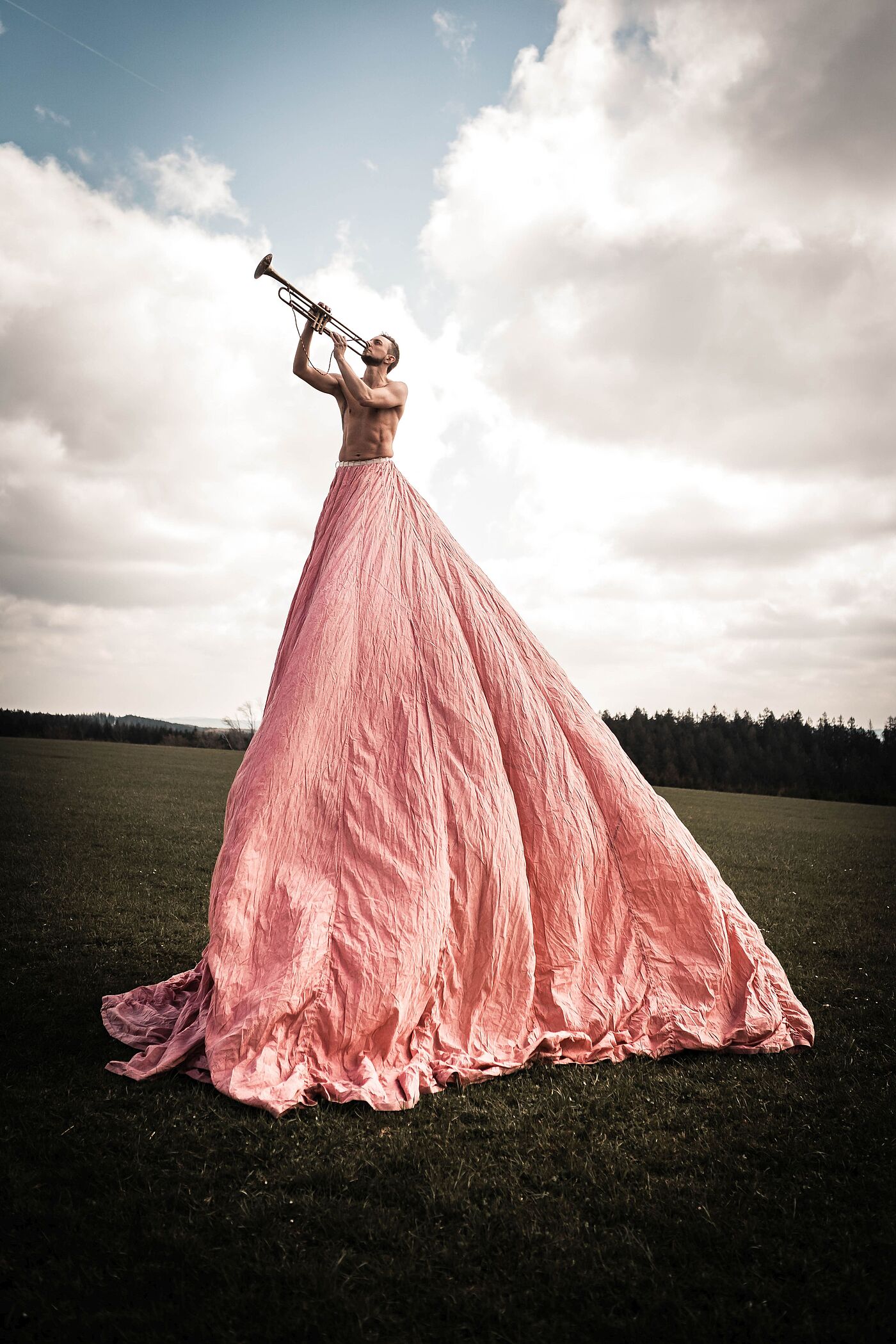 auf einer Wiese steht ein Mensch mit nacktem Oberkörper, er wirkt riesig durch einen überdimensionalen rosfarbenen Rock