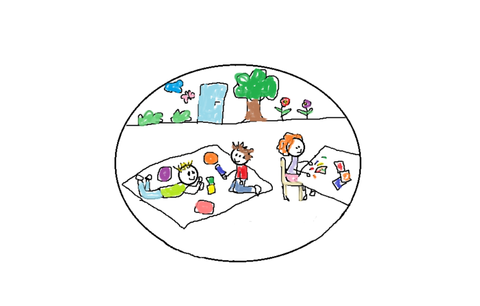 Zeichnung: Kinder spielen in einer Gruppe im offenen Ganztagsbereich einer Schule. Zwei Kinder sitzen bzw. liegen auf dem Boden und bauen einen Turm, ein Kind sitzt am Tisch und malt.