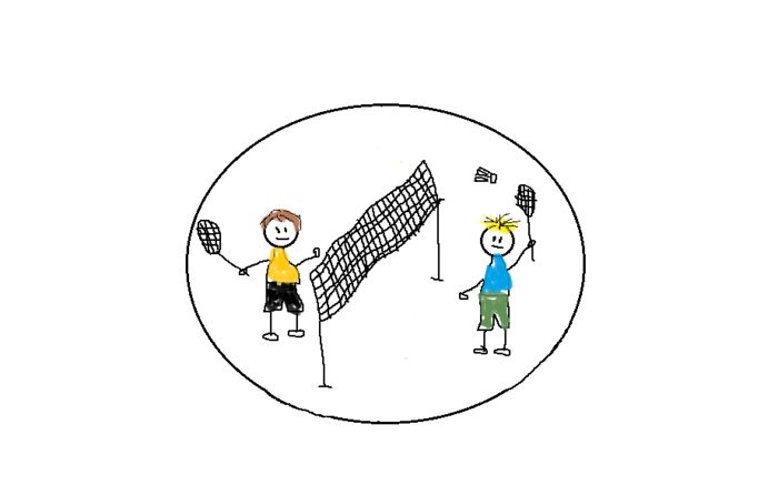 Zeichnung: Dargestellt sind zwei Jungen, die Badminton spielen.
