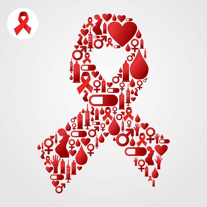 Darstellung einer AIDS-Schleife zusammen gestellt aus vielen kleinen Teilbildern