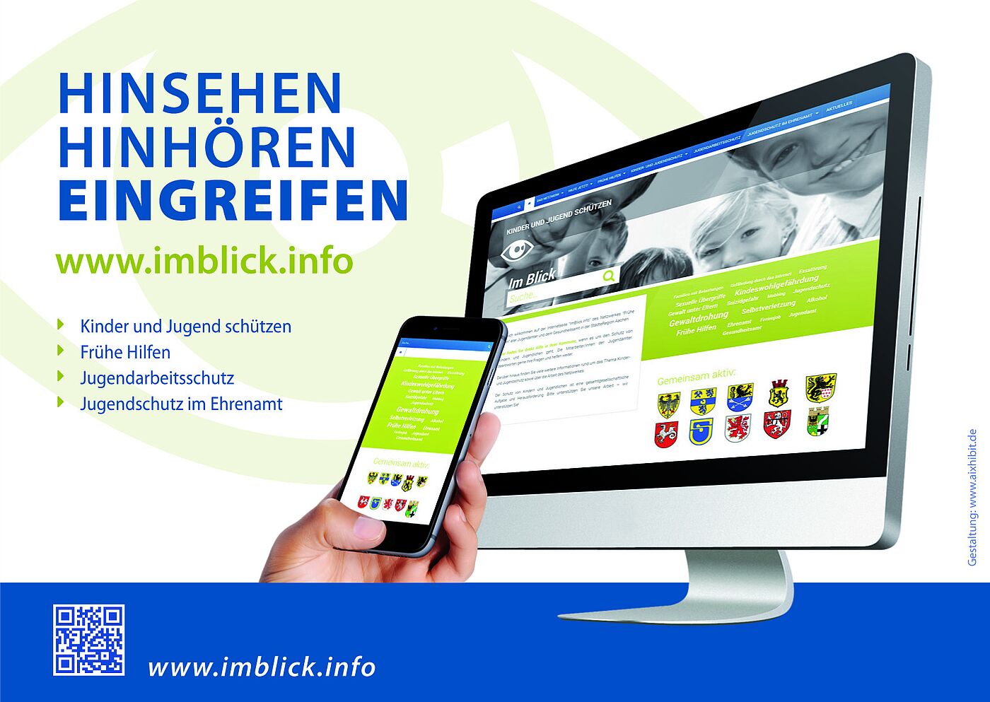 Postkartendarstellung des Onlineangebotes imblick.info auf Mobiltelefon und PC 