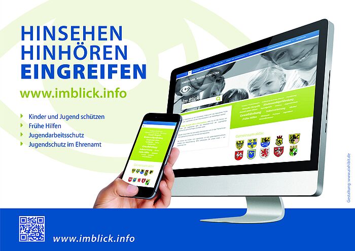 Postkartendarstellung des Onlineangebotes imblick.info auf Mobiltelefon und PC 