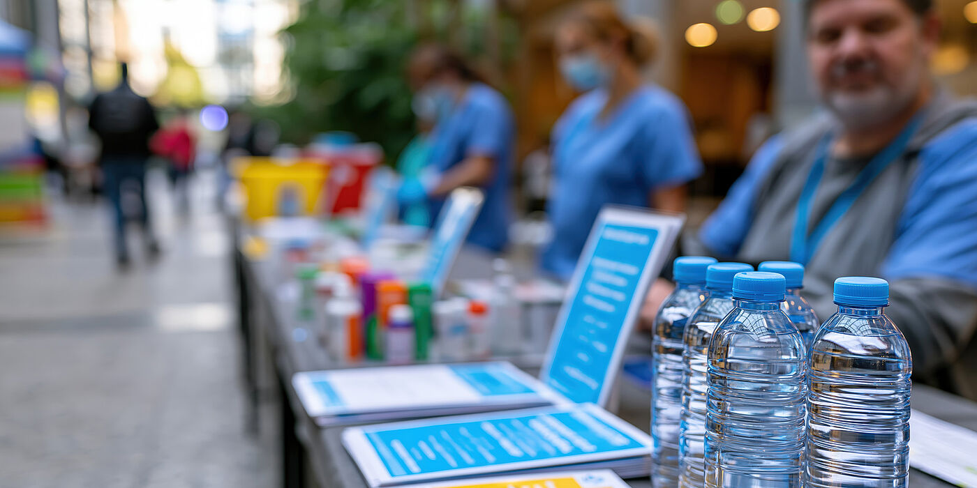 Informationsstand mit Wasserflaschen
