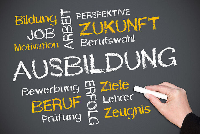 Tafel mit Aufschrift: Ausbildung, Zukunft, Beruf, Ziele, Job, Motivation, Bildung