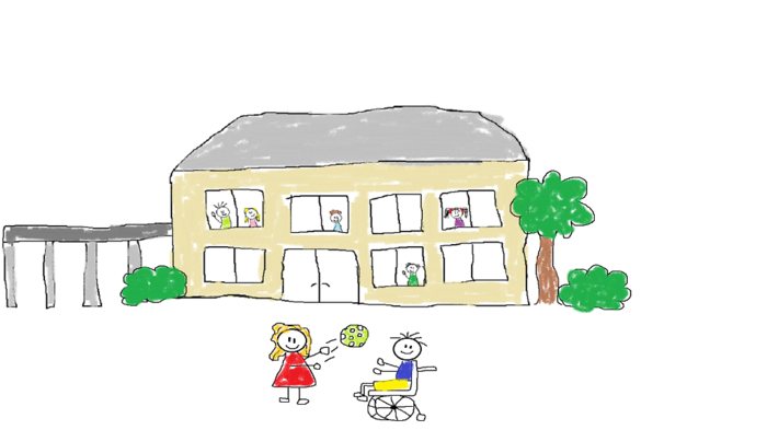 Zeichnung: Schulgebäude, auf dem Hof zwei spielende Kinder, eins sitzt im Rollstuhl