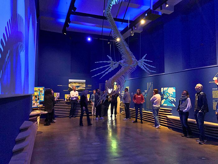 Leute in einem Museum, im Hintergrund ist ein Dino-Skelett