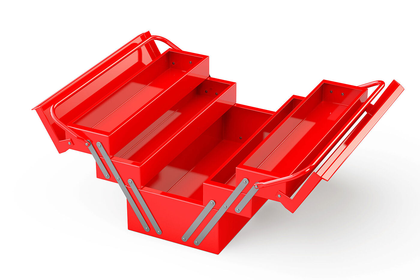 Ein roter, offener, leerer Werkzeugkasten als Symbolbild