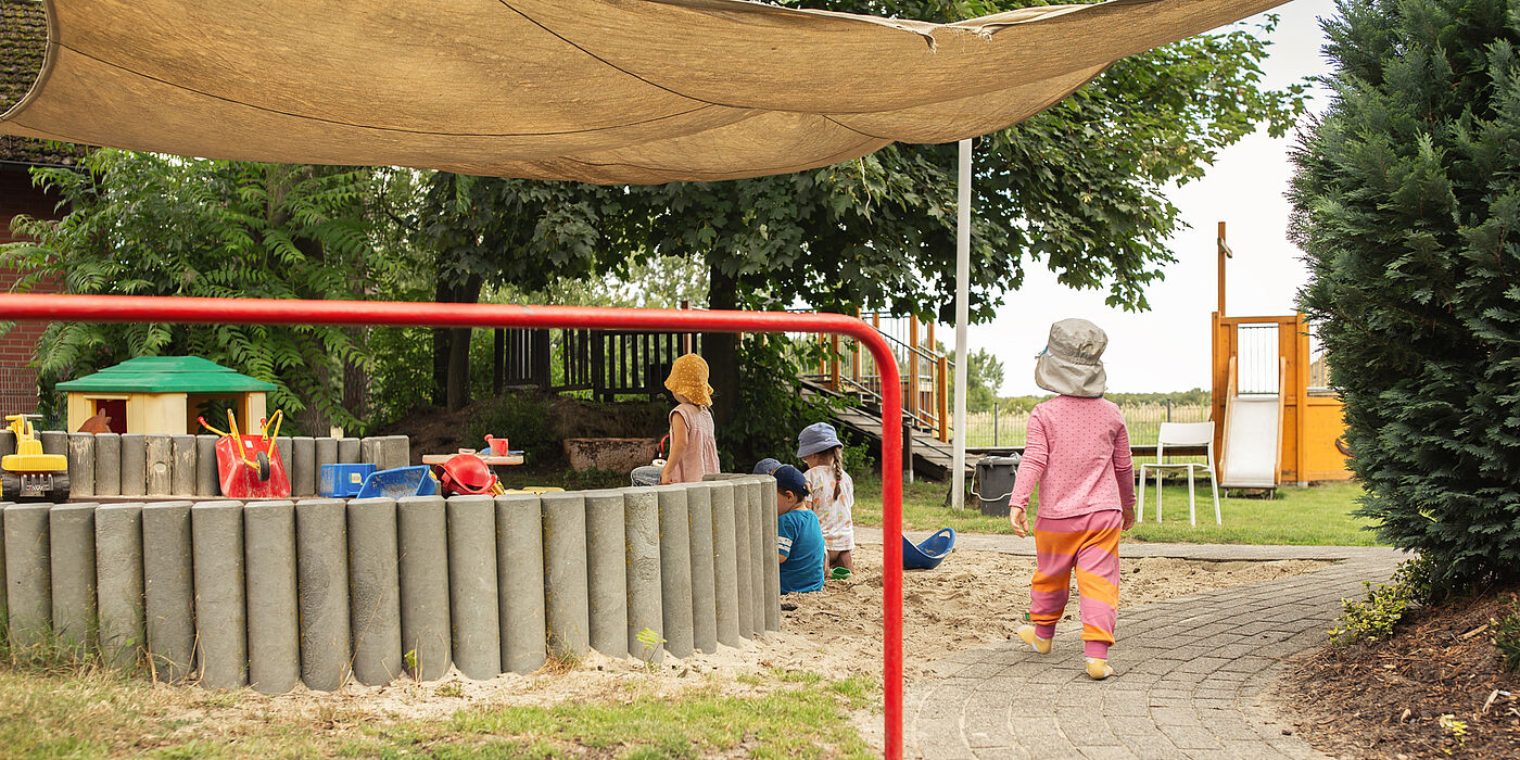 Kita-Spielplatz mit Sonnensegel uns spielenden Kindern