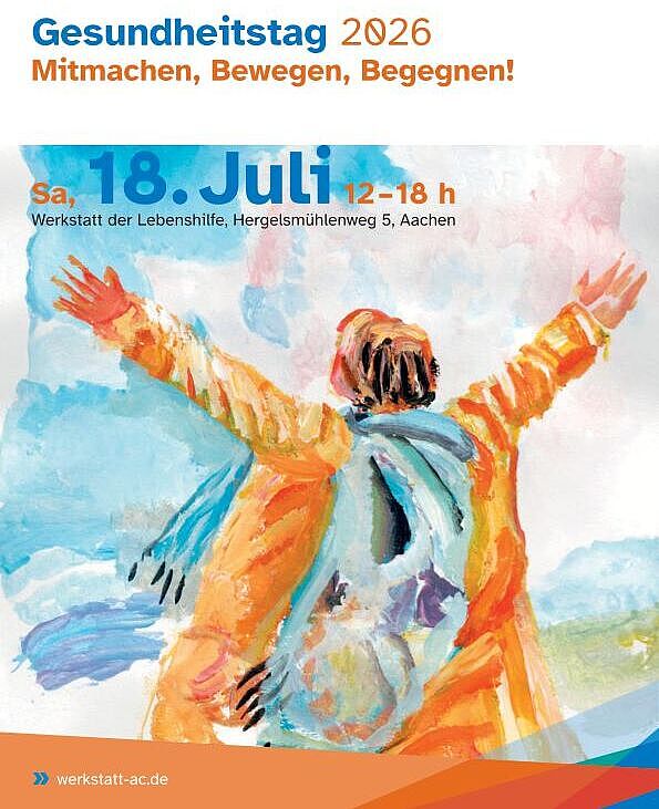 Aquarellierte Darstellung einer Person mit ausgebreiteten Armen, orangefarbener Jacke und blauem Schal, dazu Text zu Gesundheitstag 2026 am 18. Juli in Aachen