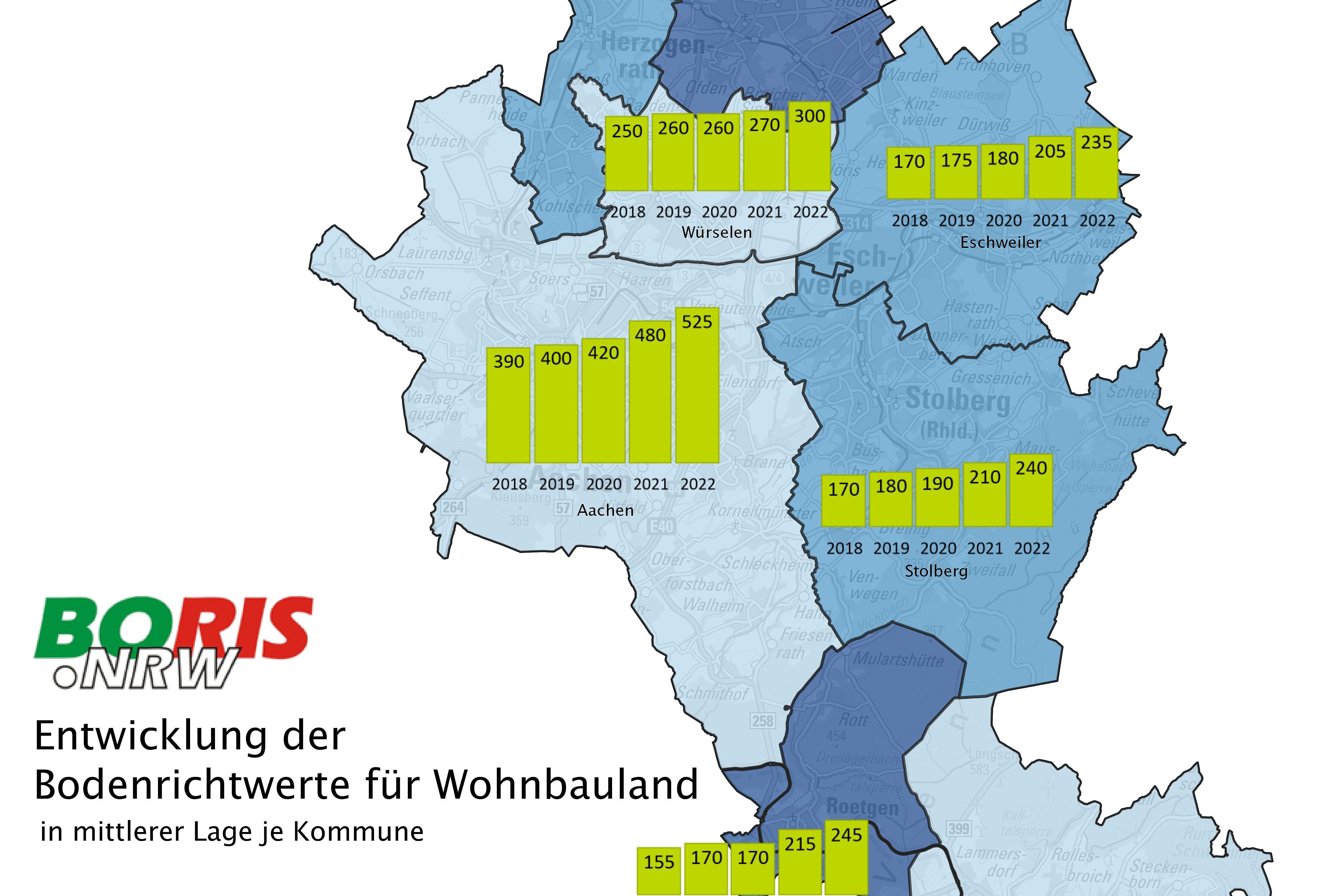 Übersichtskarte der Bodenrichtwerte in der StädteRegion Aachen