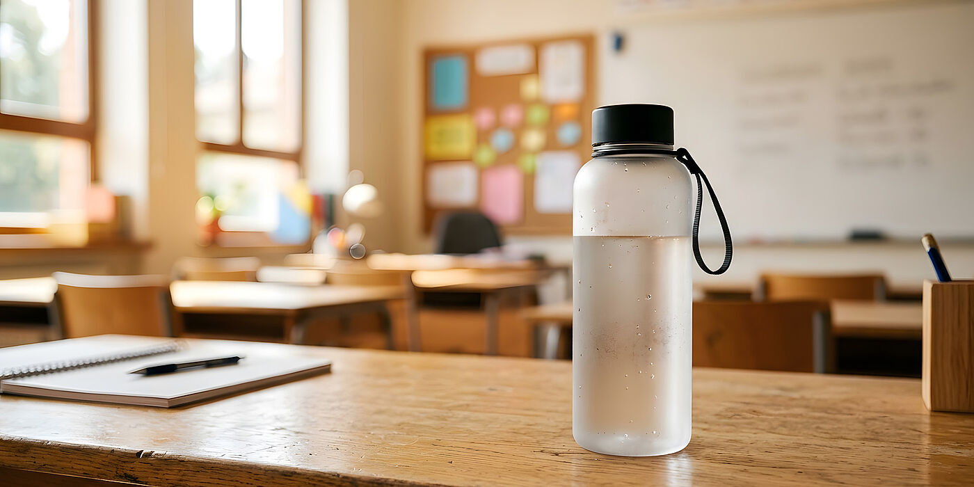 Wasserflasche auf einer Schulbank