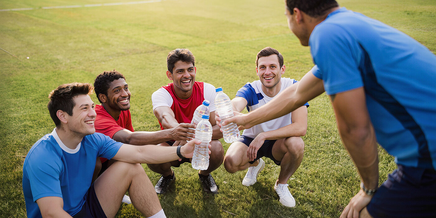 Sportmannschaft macht Pause mit Wasserflaschen