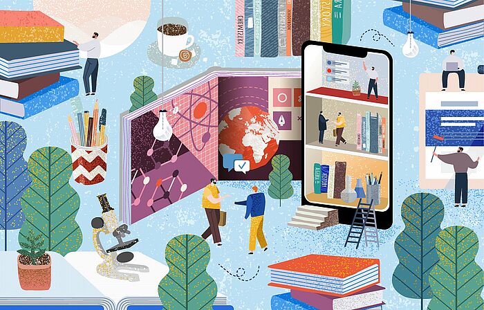 Wimmelbild in Pastelfarben mit Elementen wie Bäume, Bücher, Menschen