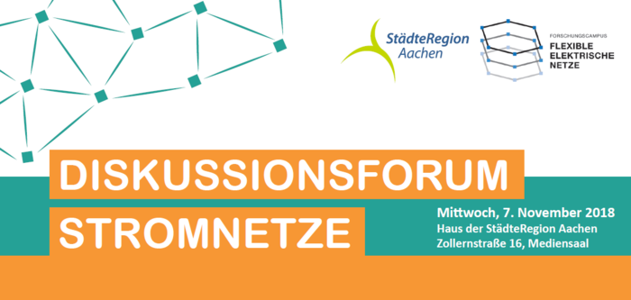 Diskussionsforum Stromnetze Titelseite in orange und grün zum Programm Diskussionsforum Stromnetze am 07.11.2018