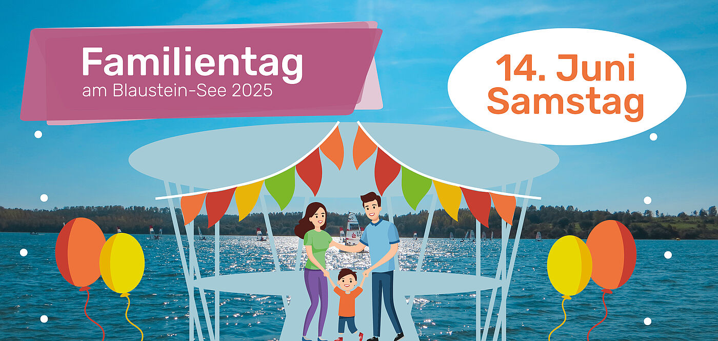 Auf dem Bild ist karikativ eine Familie an einem See dargestellt. Darüber steht Familientag und das Datum Samstag, 14. Juni