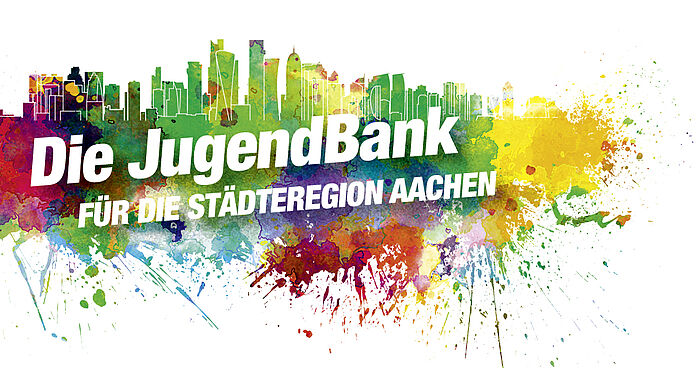 Schriftzug Die Jugendbank fü die StädteRegion Aachen vor bunten Farbklecksen
