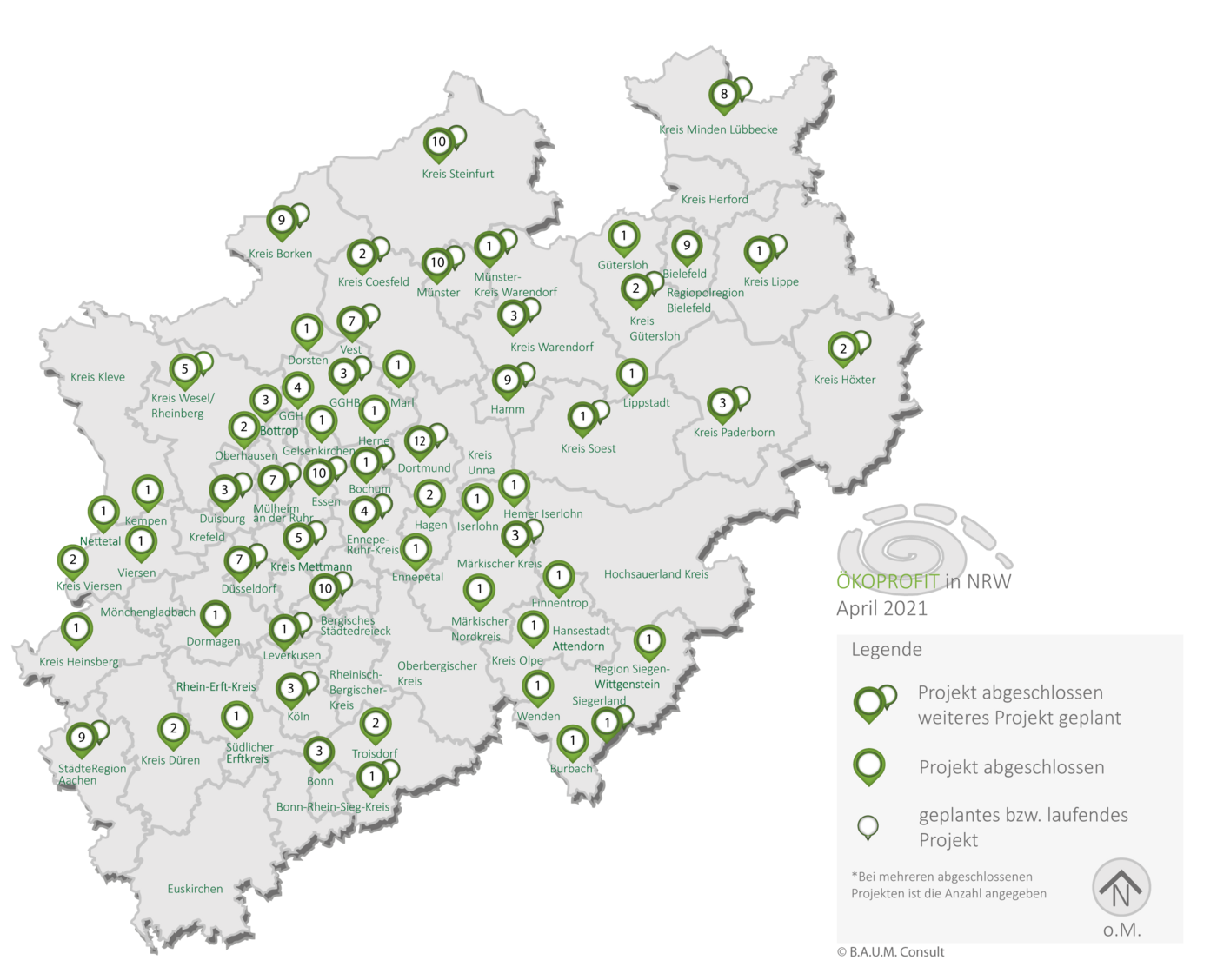 Karte mit Ökoprofit-Projekten in NRW