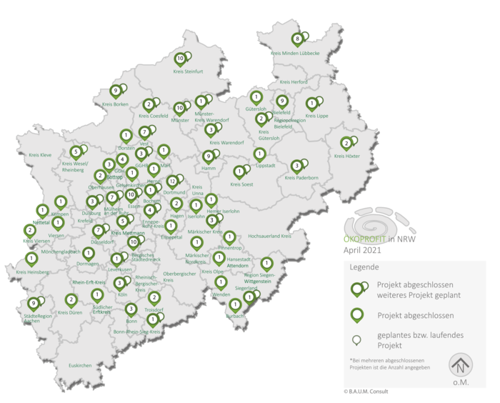Karte mit Ökoprofit-Projekten in NRW