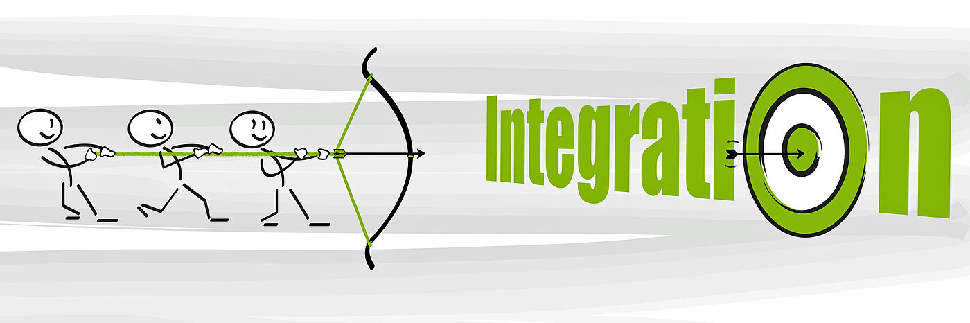 Grafische Darstellung von Integration. Dei Strichmännchen, die mit Pfeil und Bogen auf das Wort "Integration" zielen. Das O ist die Zuielscheibe. Steht für die Bemühungen, Integration in der StädteRegion Aachen möglichst zielsicher zu ermöglichen.