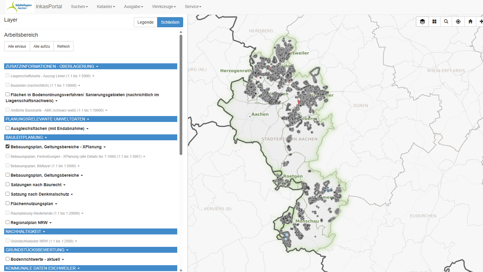 Auszug aus dem Geoportal. Karte der StädteRegion.