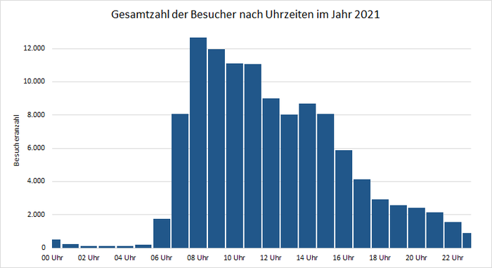 Diagramm mit der Auswertung der Besucheranzahl des Geoportals im Tagesverlauf in 2021