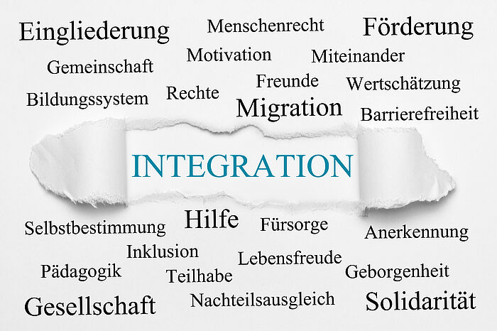 Das Bild zeigt eine Karte, die in der Mitte ein zu beiden Seiten aufgerissene Fläche hat. Die Abrisse klaffen nach rechts und nach links auf. In der Mitte steht in blauen Buchstaben das Wort Integration. Außerhalb der aufgerissenen Fläche sind Worte abgebildet.  In horizontaler Schreibweise steht doch ibn mehreren Zeiten verteilt: Eingliederung, Menschenrecht, Förderung, Gemeinschaft, Motivation, Miteinander, Bildungssystem, Rechte, Freunde, WEtschätzung, Migration, Barrierefreiheit, Selbstbestimmung, Hilfe, Fürsorge, Anerkennung, Inklusion, Lebensfreude, Pädagogik, Teilhabe, Geborgenheit, Gesellschaft, Nachteilsausgleich, Solidarität