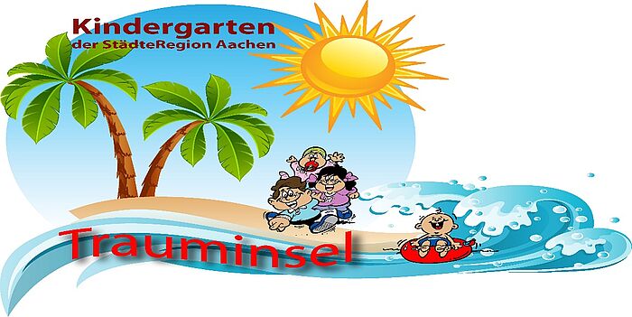 Logo der Kita Trauminsel besteht aus einer gezeichneten Palmeninsel und Kindern die am Wasser auf dieser Insel spielen